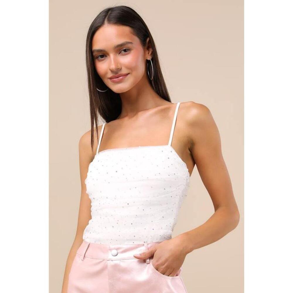 Lulus Andreina White Rhinestone Mesh Ruched Bodysuit - Size L